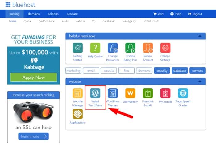 BlueHost C-Panel with 1-Click WordPress Installation