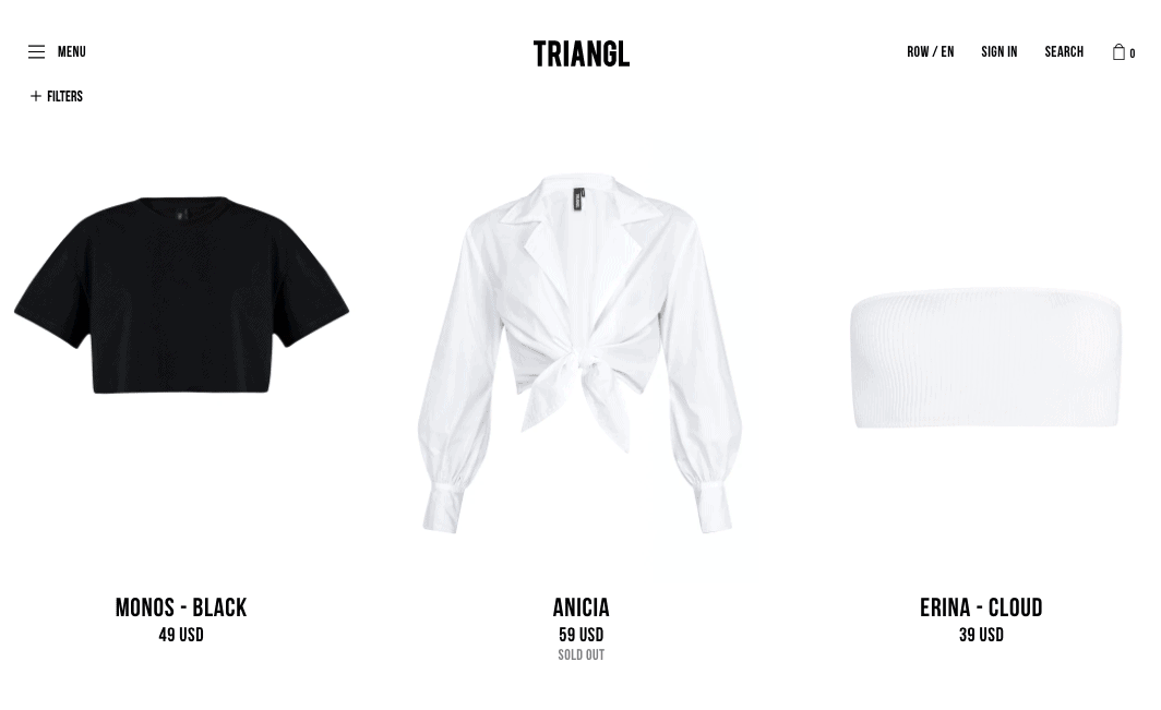 Triangl Collection page on Shopify
