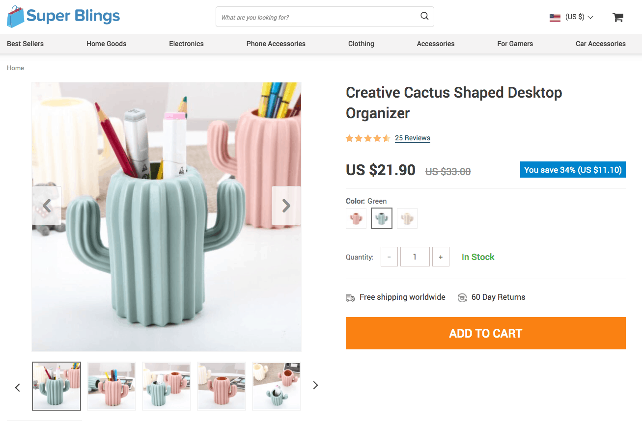 SuperBlings - Product pages on ecom store
