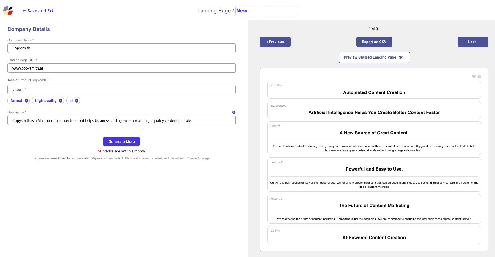 Landing page content output