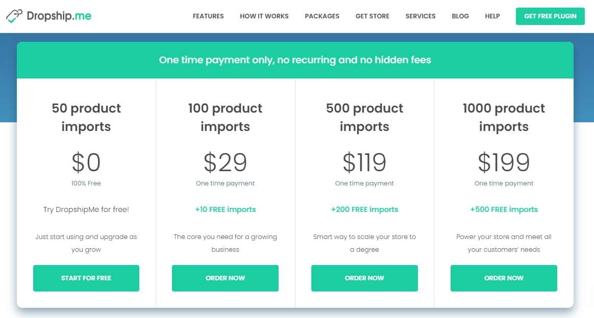 DropshipMe package pricing & costs
